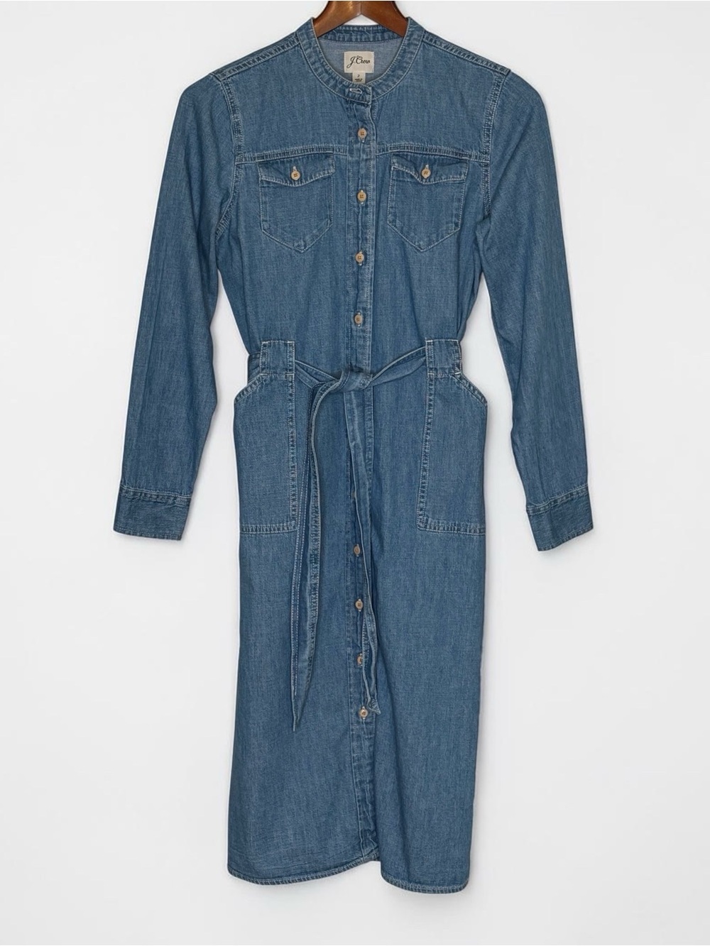 J Crew Western Indigo Denim Midi Shirt Dress Size 2 Blue Belted Long Sleeve - Picture 3 of 13